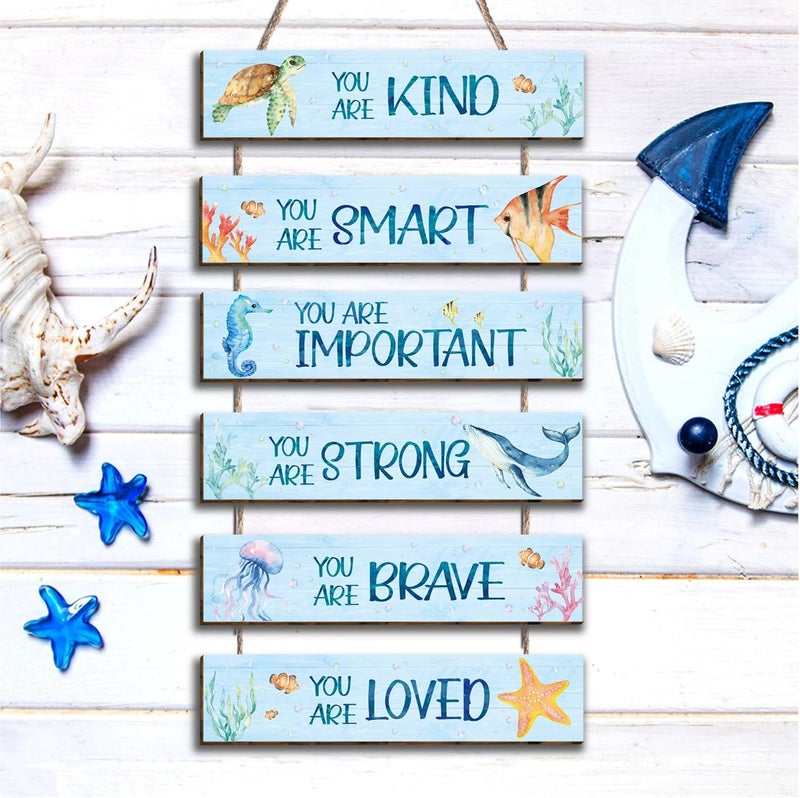 HIWERAN 6 Pieces Ocean Decor Kids Room Decor, Inspirational Watercolor Ocean Positive Quotes Wall Art Decor for Teens Children Bedroom, Works of Art Made of Wood, Works of Art of Wood, Placards of Woods - Image 3